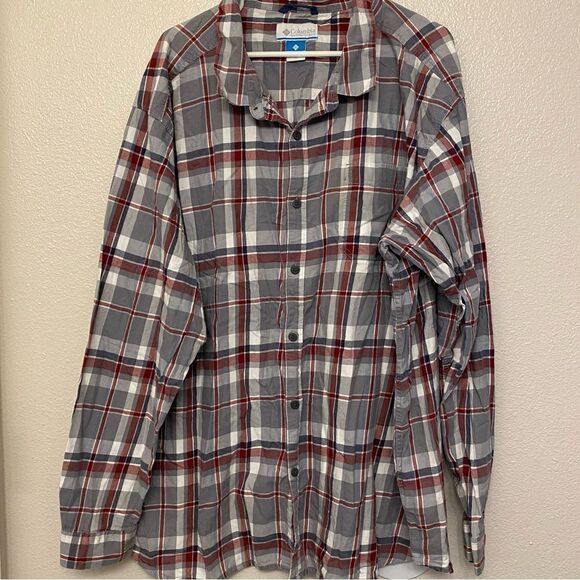 Columbia mens Burgundy gray 100% cotton plaid Long Sleeve button up Shirt-4X - Picture 1 of 9